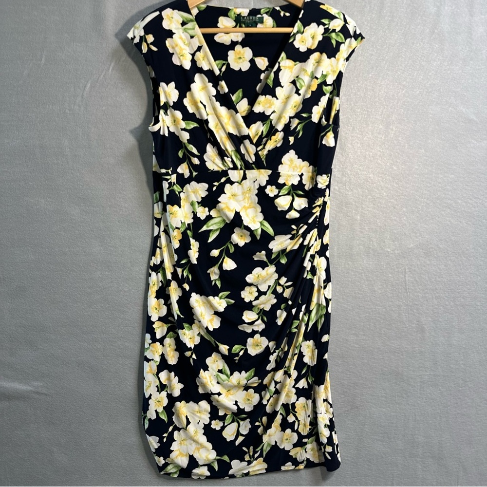 Lauren Ralph Lauren women’s floral dress black yellow pullover vneck party work